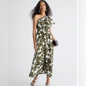 Smocked Cotton Poplin One-Shoulder Dress in Leafy Flower